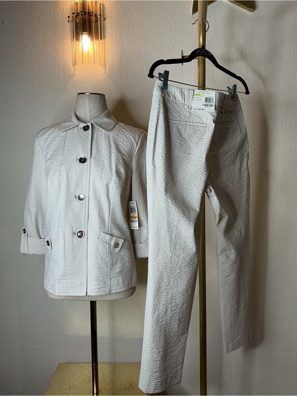 Charter Club Cream & White Striped Lined Jacket